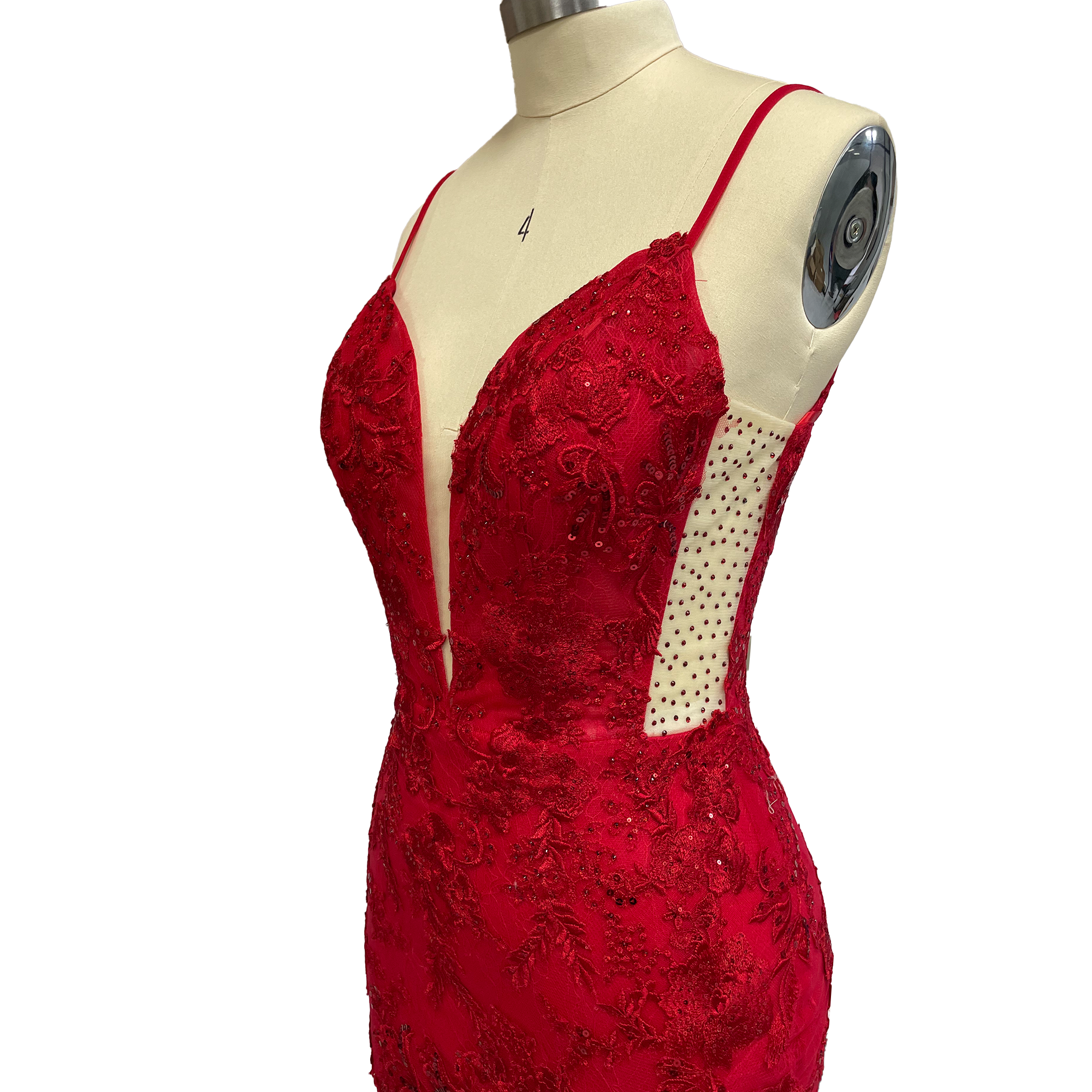 Evening Dresses Red Lace Sequin Spaghetti Strap Mermaid Evening Gown - Plunging V - Neck Formal Prom Dress with Side Slit