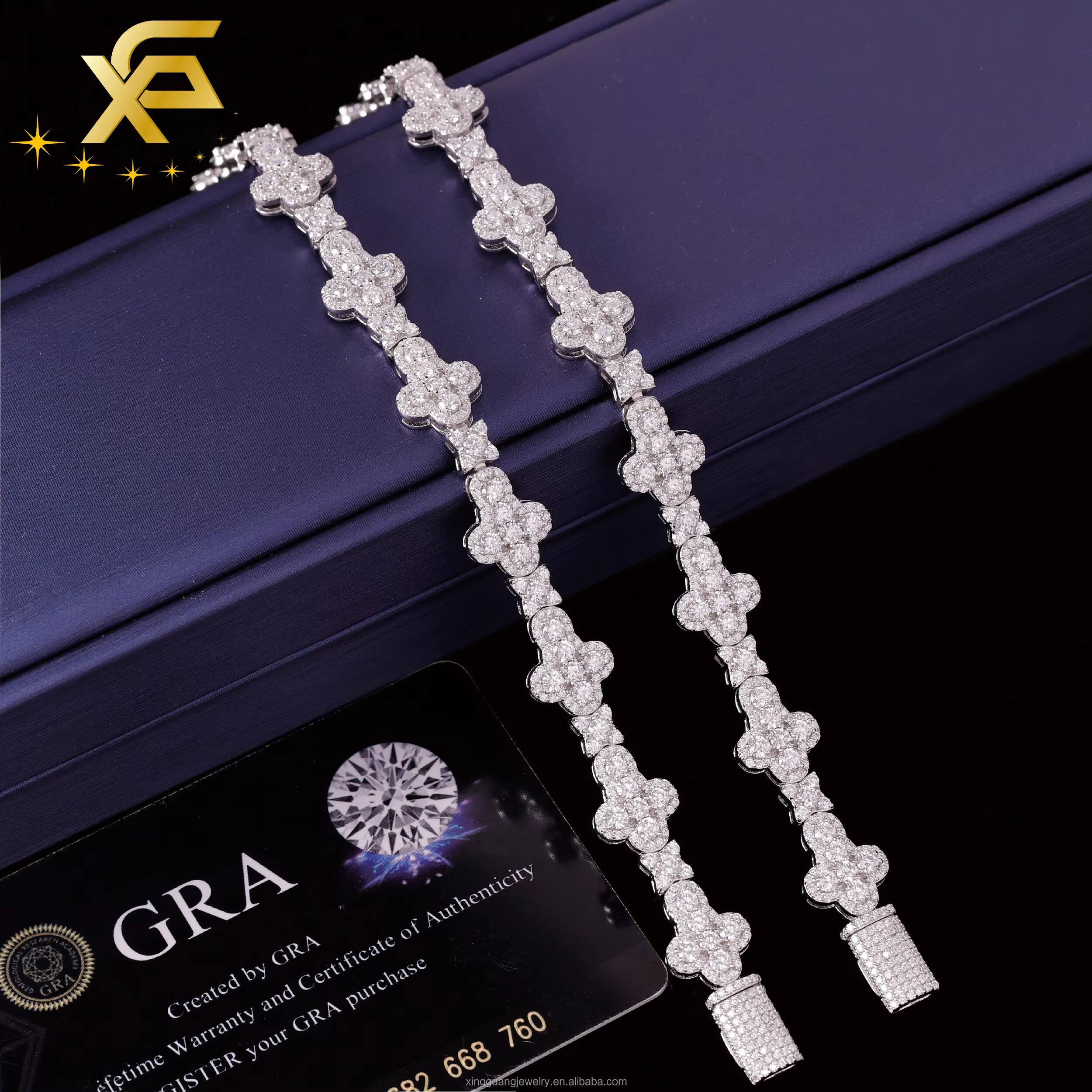 XingGuang Hiphop Jewelry Iced Out VVS Diamond Cross Shape Chain 925 Sterling Silver Moissanite Tennis Chain Womens Bracelet