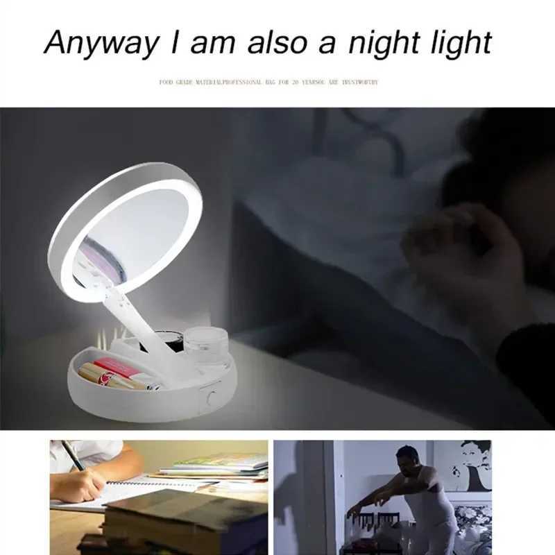 Makeup Mirror With Light White LED Folding Portable Rotating 10x Magnifying Double Side Storage Tabletop Batteries USB Charging C250916