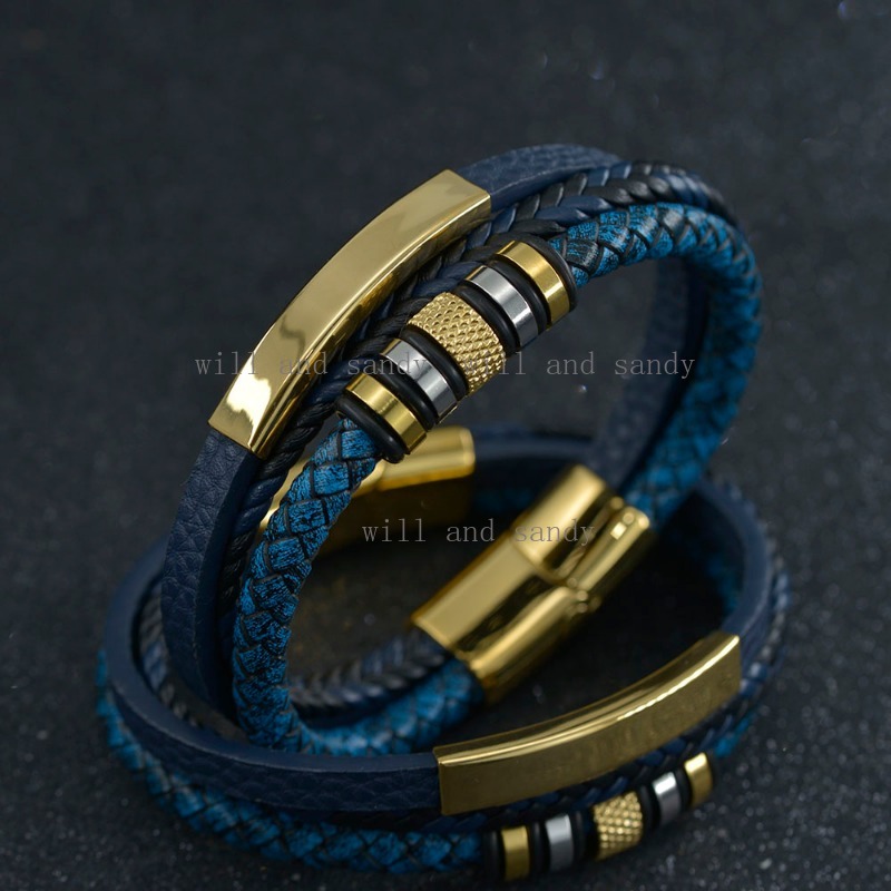 Mens Multi-layer Braided Leather Bracelet Bangle Wristband Non Tarnish Stainless Steel Buckle Band Bracelet Jewelry Gift for Hunsband Father Birthday Gift