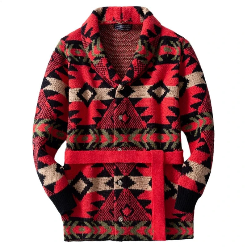 Men Coats Cardigan Sweaters Mid Length Coat Turn Down Collar Full Sleeve Print Casual Lace Up Belt Splice Autumn Winter 250915 - view 5