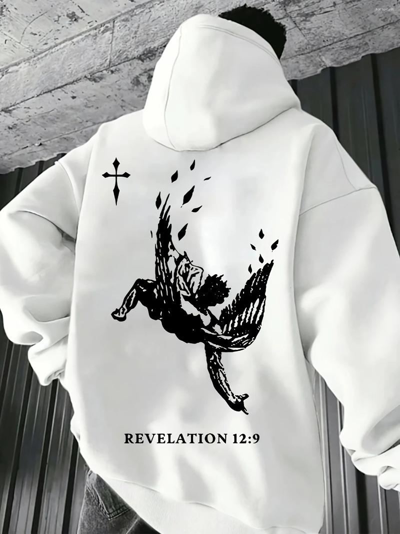 Men's Hoodies Autumn Winter Streetwear Hooded Sweatshirt With Fallen Angel & Cross Print Loose Casual Cotton Tops REVELATION 12:9 Design