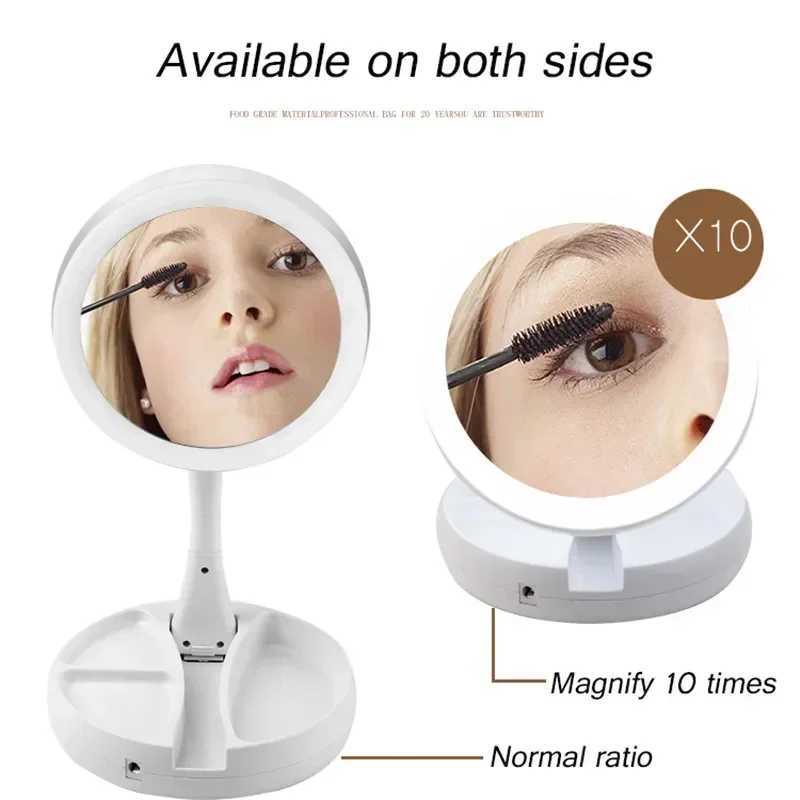 Makeup Mirror With Light White LED Folding Portable Rotating 10x Magnifying Double Side Storage Tabletop Batteries USB Charging C250916