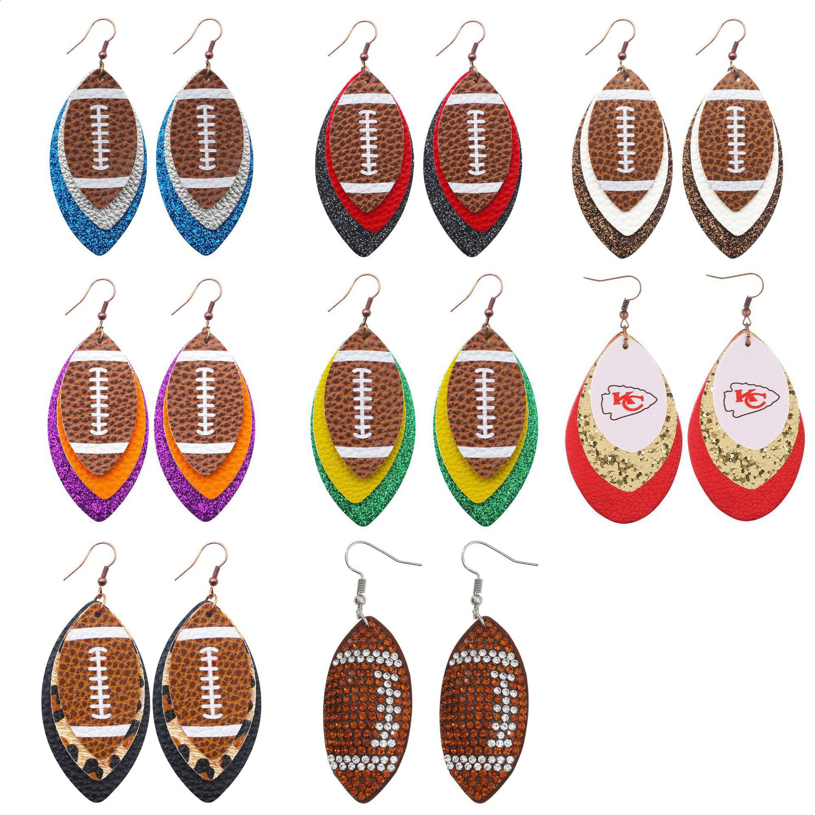 Sporty Rugby Brown Leopard Print Leaf ThreeLayer Leather Studded Rugby Earrings