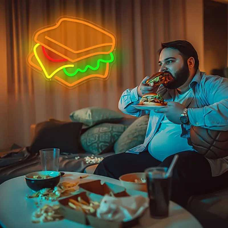 Burger and Sand Neon Sign Hamburger Shop LED Neon Light Fast Food Business Signs for Restaurant Kitchen Party Dimmable Light Y250916