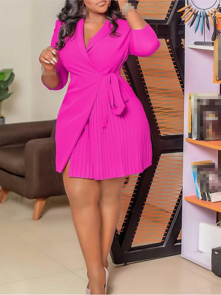 Women Solid Plus Size Folds Dress Neck Pleated Blazer Style Dress Office Vintage Sexy Lady Belt Party Tight Curvy Short Dress 250915