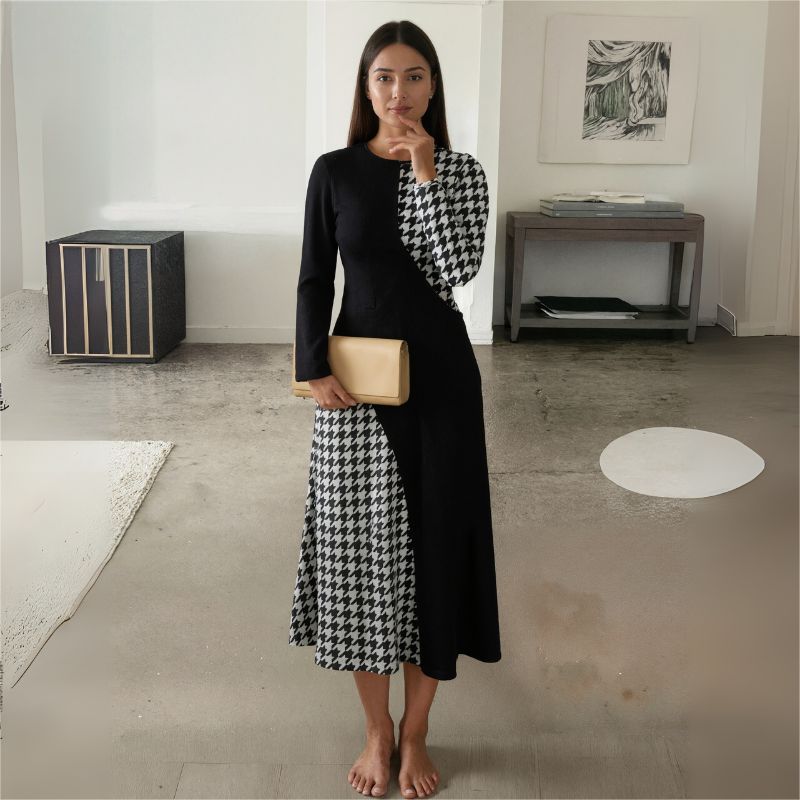 Sophisticated Plus Size Woman's Full Length Coat-Dress Featuring Timeless Checkered Design CF53926