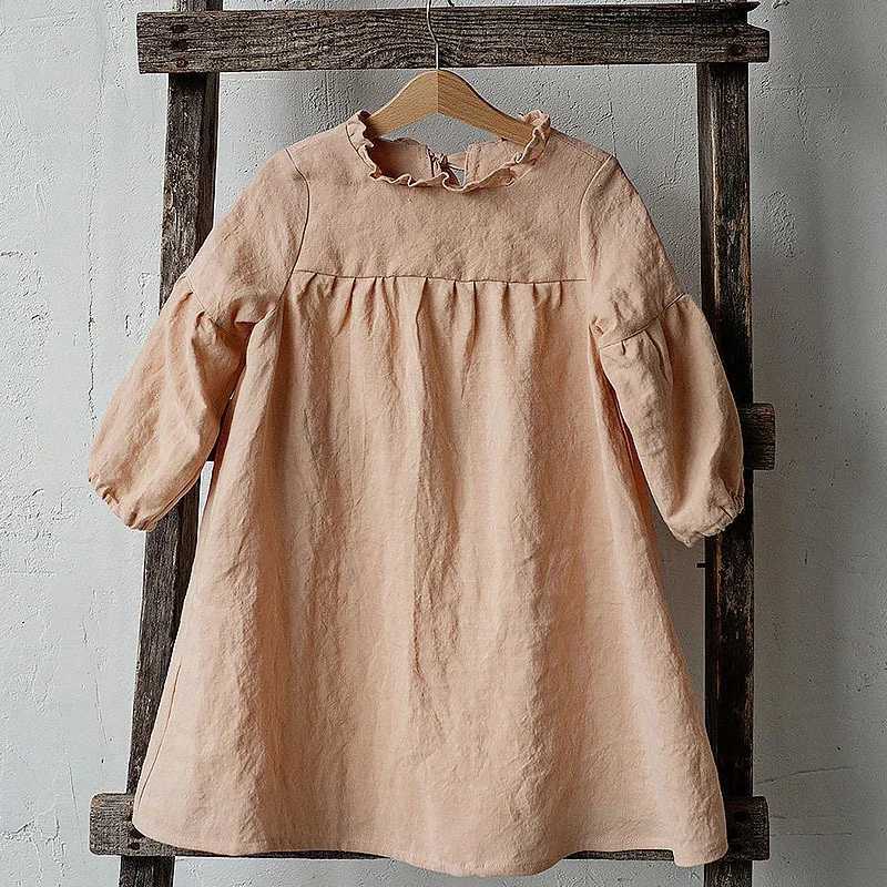 Autumn Rustic Style Girls LongSleeved Linen Dress 2025 New Childrens Wooden Ear Collar Back Ties Casual Loose Princess Dresses C250916