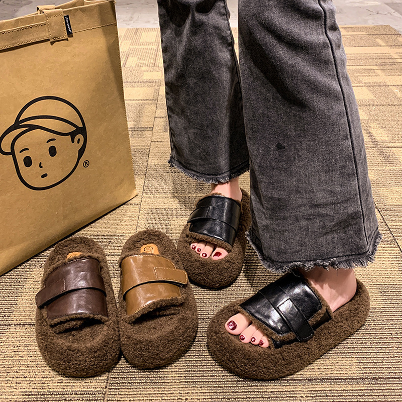 Flats Platform Cotton Slippers Women Fur Mules Shoes Winter Plush Warm Slides 2025 Trend Casual Snow Boots Soft Leather Cozy 250106