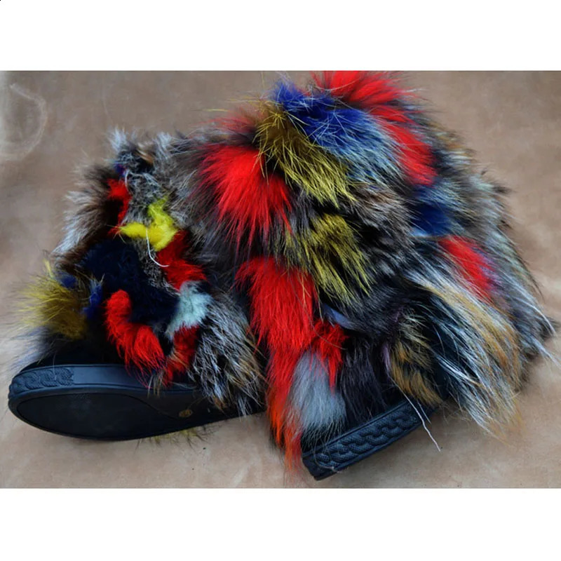 Multicolor Fox Fur Snow Boots Women 8cm Height Increasing Real Leather Inner Wedge Colorful Fur Women Mid Boots 250916