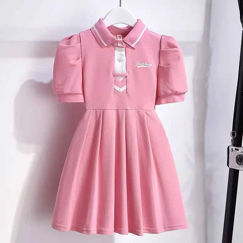 1pcs Summer Childrens Dress Girls Korean Edition Bubble Sleeves Flip Collar Dress Kids Princess Dress Baby Sweet Pleated Skirt C250916