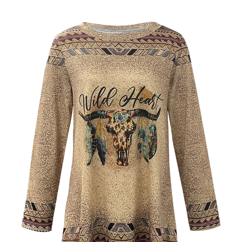 Women's Long Sleeve Ethnic Western Style Top Autumn Winter New Wild Heart Bull Skull Printed Tunic Sweatshirt CF43181