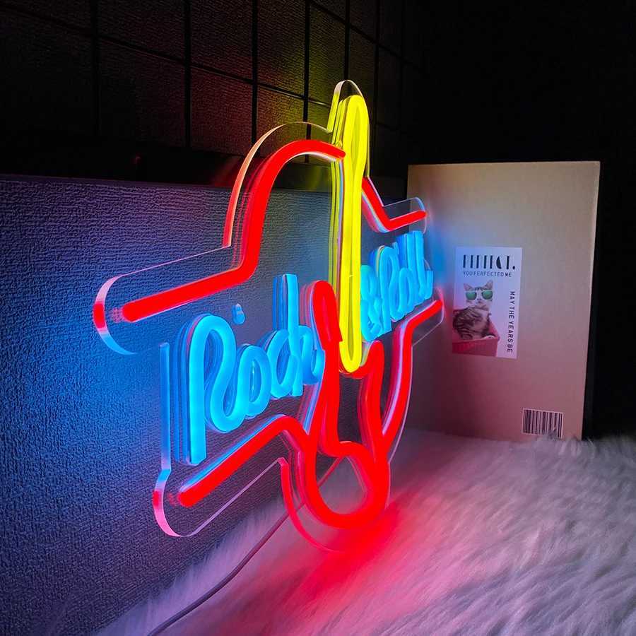 Rock Roll Music Neon Sign Led Guitar Icon Usb Powered Used For Music Studio Music Recording Studio Background Decor Y250916