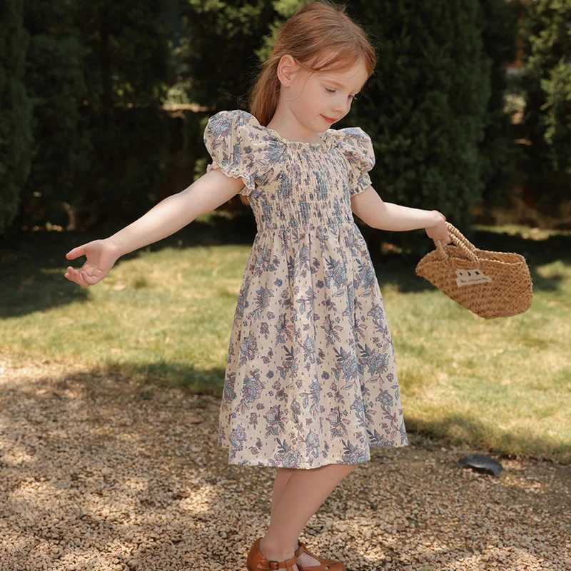 New Summer Clothes Baby Girls Princess Dresses Puff Sleeve Blue Flower Toddlers Vacation Kids Cotton Cute Dress Casual Outfit C250916