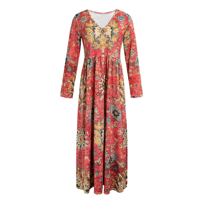 Women's Autumn Winter New Ethnic Vintage Printed Maxi Dress Fashion Vacation Style Long Sleeve Gown CF50921