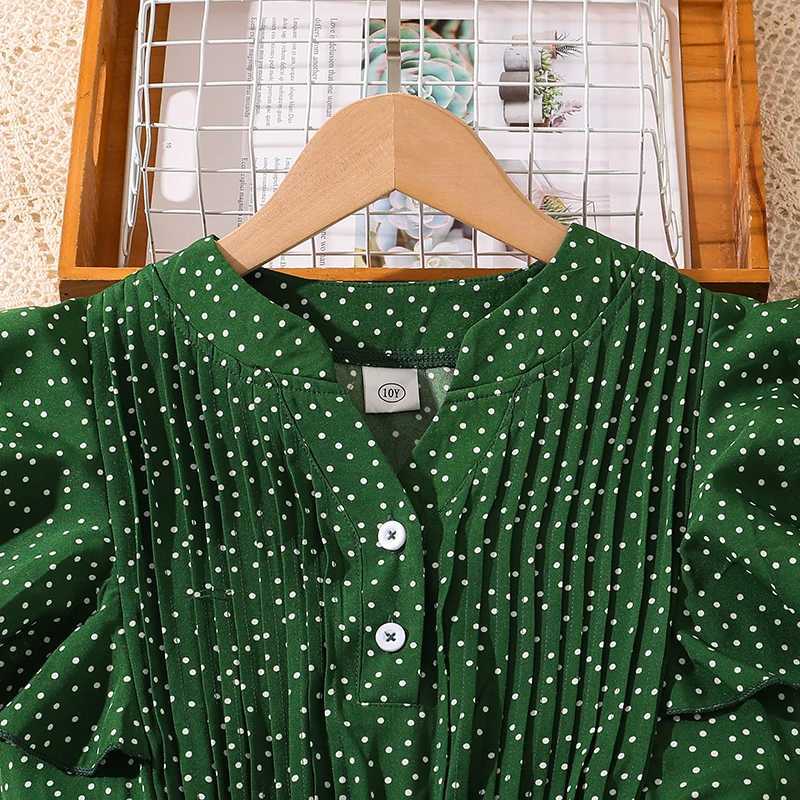 Children Clothing Solid Color Green VNeck Wing Sleeve Polka Dot ALine Dress For Girls 812 Years Summer Frenchy Daliy Casual C250916