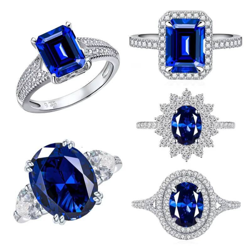 Fashion Emerald Cut Blue Sapphire Gift Classic Wedding Engagement Diamond Gemstone Ring