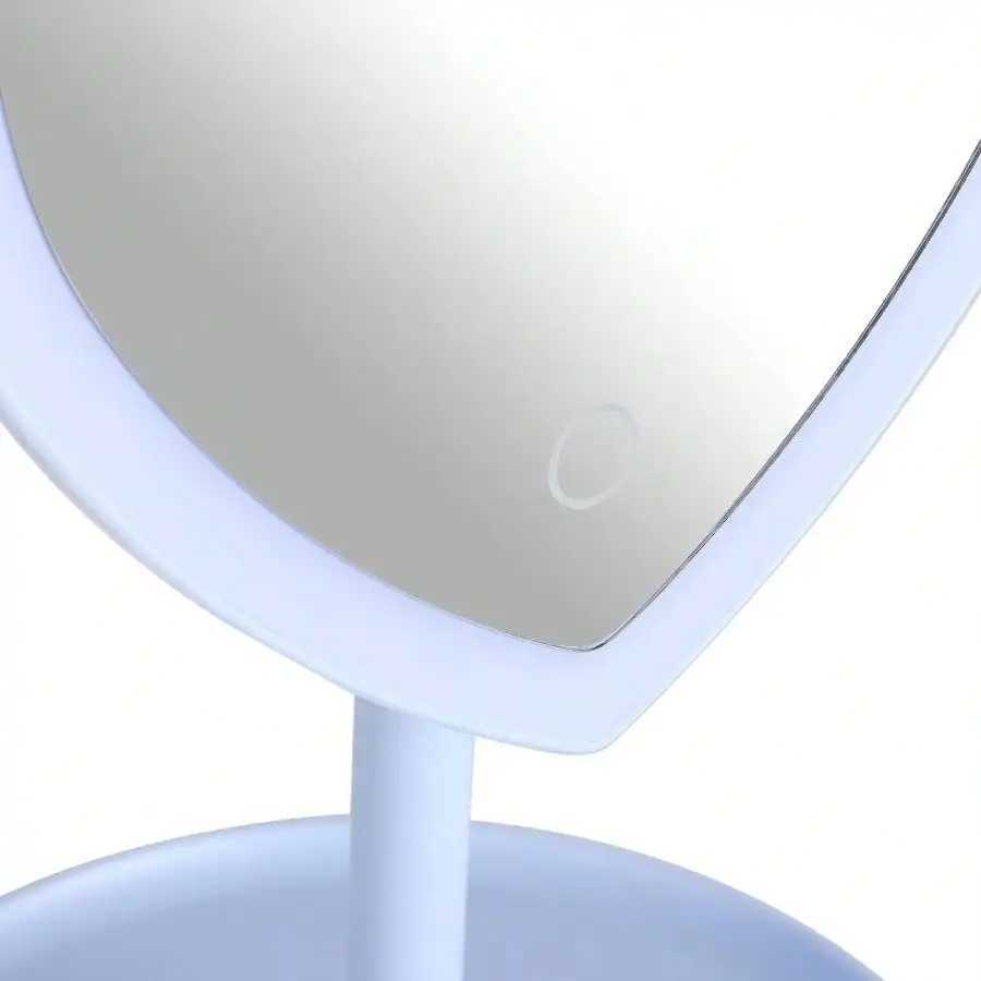 Tall light blue plastic frame tabletop heart shaped LED lighted mirror with trinket tray for bedroom vanity decor C250916