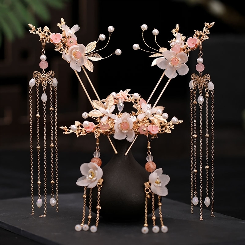 Chinese Hanfu Hair Stick Hairpin Earrings Accessories Set Long Fringed Vintage Flower Handmade Wedding Jewelry y250915