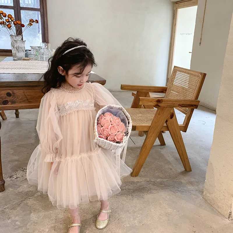 Korean Style Kids Girl Princess Dress Round Collar Party Dresses with Lace Mesh Long Sleeves for Children Clothing E99011 C250916