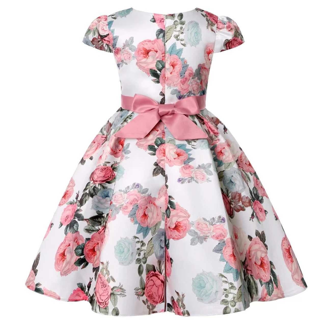 2025 New Rose Print Dress Girls Bow Dress European American Princess Dresses Holiday Party Performance Gowns Party Banque C250916