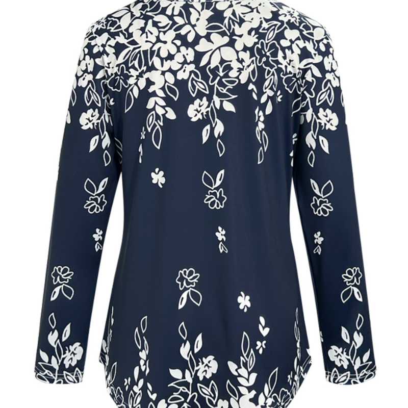 Autumn New Women's Floral Printed Round Neck Long Sleeve Top Casual Fashion Navy Blue Plus Size Blouse CF41360