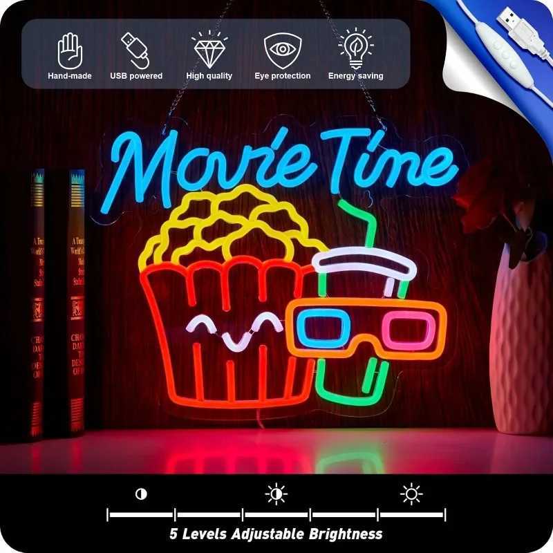 Movie Night with Popcorn Carton Neon for Wall Decor Home Theater Decor Dimmable USB for Cinema Man Cave Party Birthday Y250916