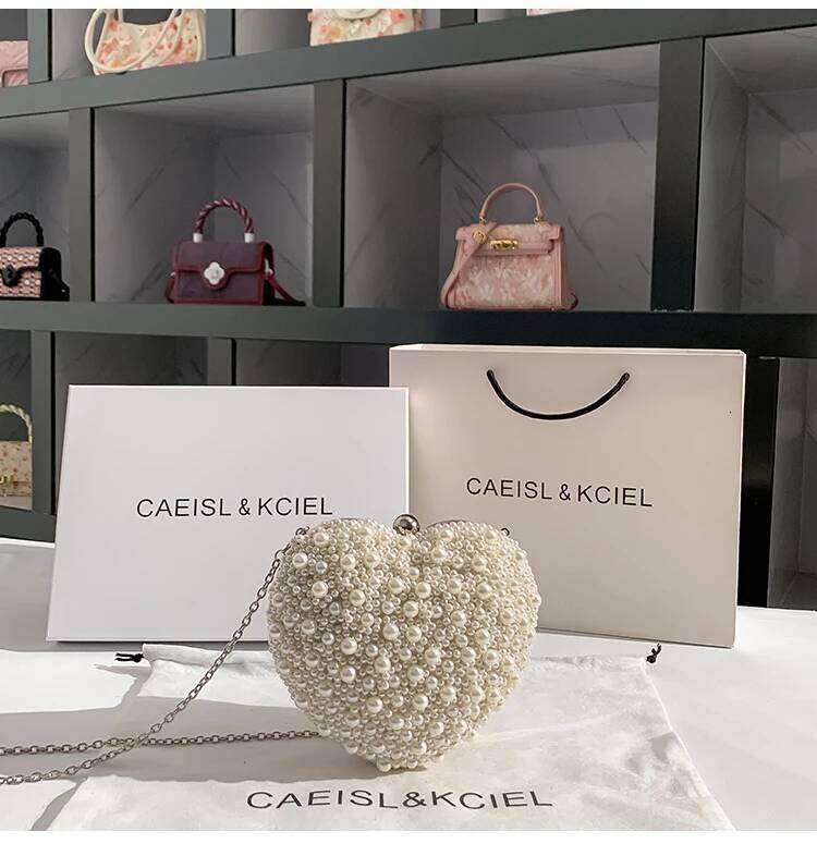 Designer Bags Pearl Beaded Heart Shaped Women Handbag Evening Wedding Party Clutch Purse Shoulder Messenger Female Fashion Bag Luxury Bag