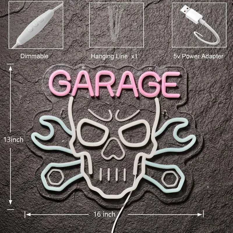 Skull Garage Neon Sign LED Wall Art for Man Cave Motorcycle Shop Decor Bar Lighting Dimmable USB Powered Rome Decorate Y250916