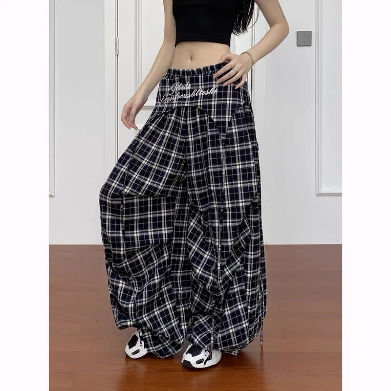 ZHIZOU Vintage Plaid Wide Leg Women Y2K Japanese Streetwear Casual Scimitar Pants Harajuku Loose Pockets Straight Trousers Z260314