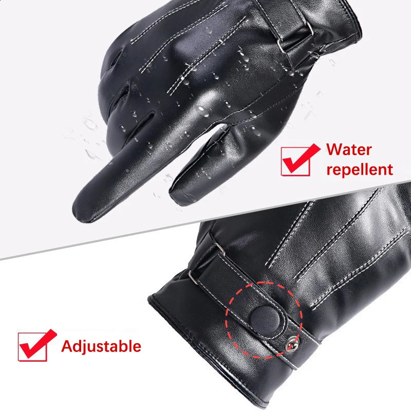 Men Winter PU Leather Black Gloves Button Warm Mittens Outdoor Sports Driving Skiing Mens Windproof Gloves Winter Supplies 250915