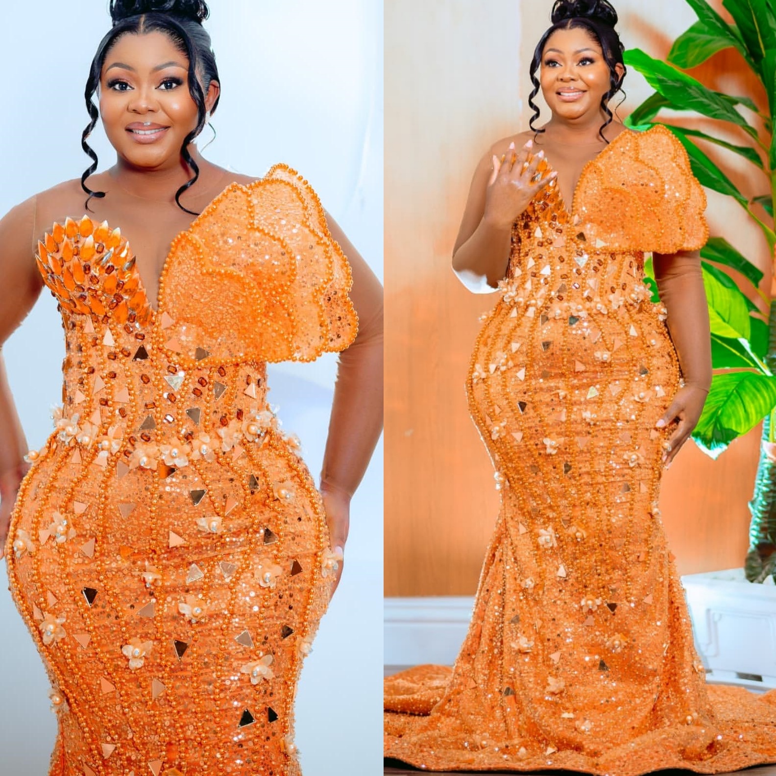 Aso Ebi Orange Mermaid Prom Dresses 2025 Crystals Beaded Florals Evening Formal Party Second Birthday Engagement Gowns Plus Size Dress For Special Occ