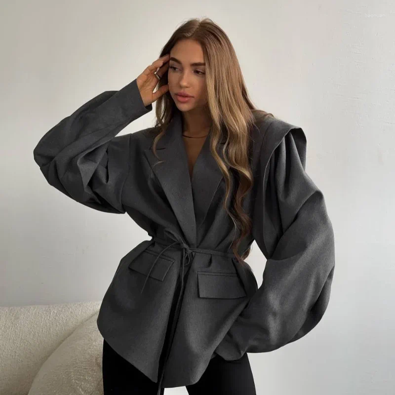 Women's Jackets Autumn Solid Lace Up Lapel Jacket Women Fashion V Neck Long Sleeve Waist Cinching Short Coat Office Female Outerwear