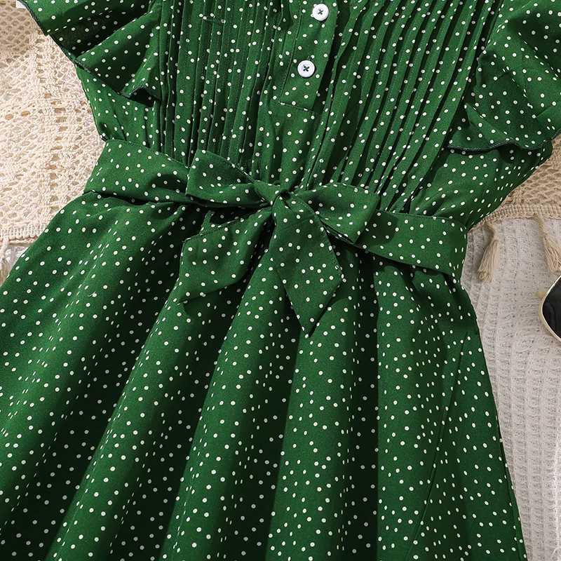 Children Clothing Solid Color Green VNeck Wing Sleeve Polka Dot ALine Dress For Girls 812 Years Summer Frenchy Daliy Casual C250916