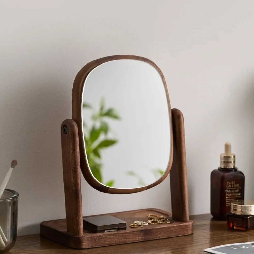 Solid Wood Makeup Mirror Storage Integrated Black Walnut Dressing Mirror Rotating Desktop Makeup Mirror HD Portable Holiday Gift C250916
