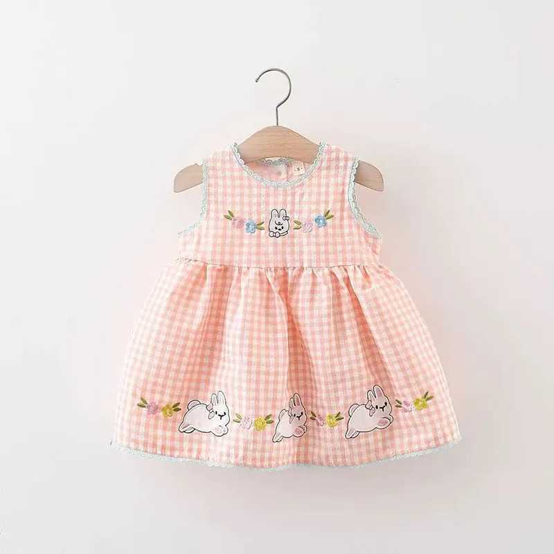 Summer Kids Sundress 9M4T Toddler Pink Bunny Grid Sleeveless Dress Children Girls Yellow Clothes C250916