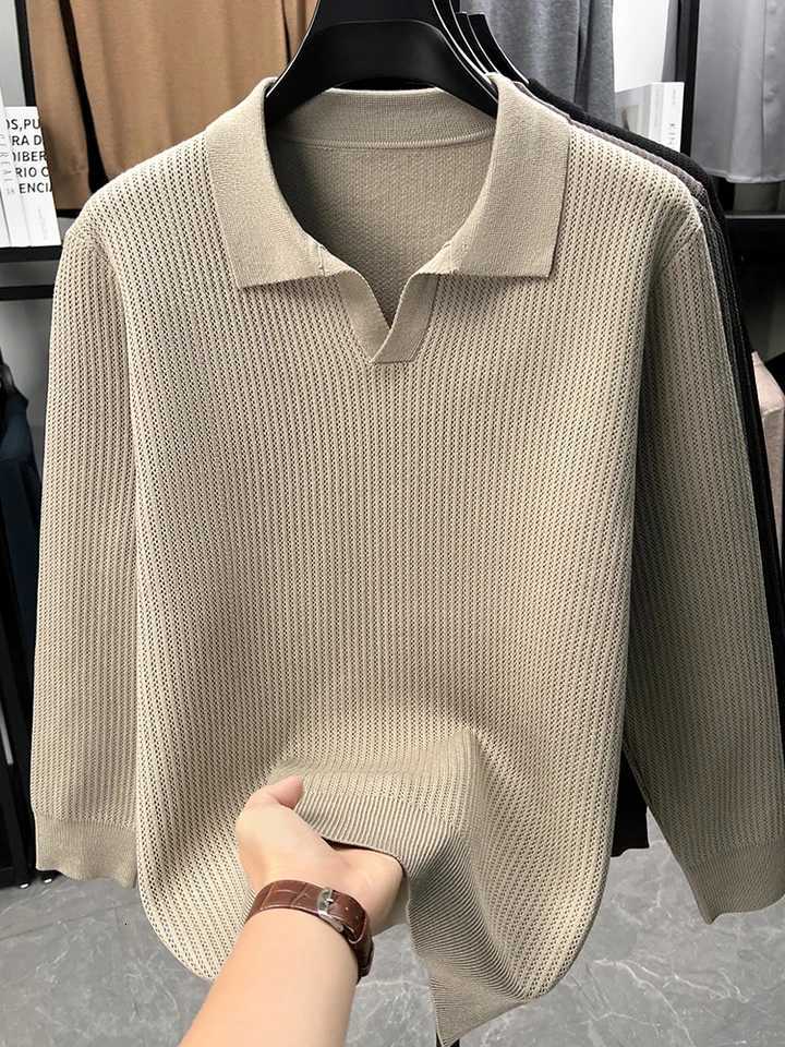 Mens Autumn Winter Vneck Pullover Sweater Designer Brand Fashion Casual Solid Color Thick Warm Mens Lapel Soft Knit Sweater Z250916