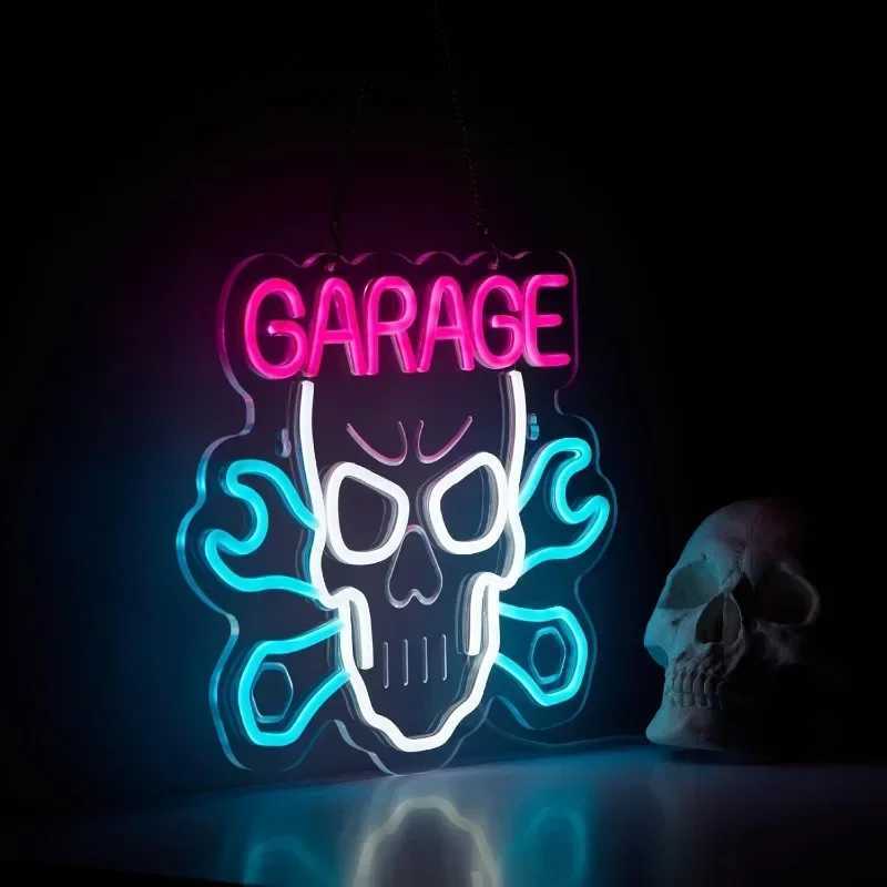 Skull Garage Neon Sign LED Wall Art for Man Cave Motorcycle Shop Decor Bar Lighting Dimmable USB Powered Rome Decorate Y250916