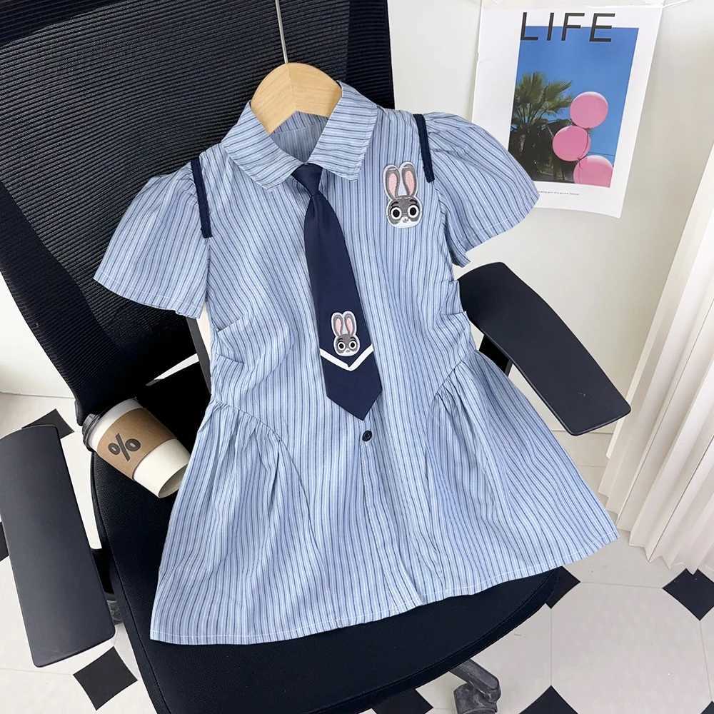 Academy Style Tie Blue Dress Kids Dresses for Girls Cartoon Bunny Striped Short Sleeved Dress Summer Girl Dress C250916