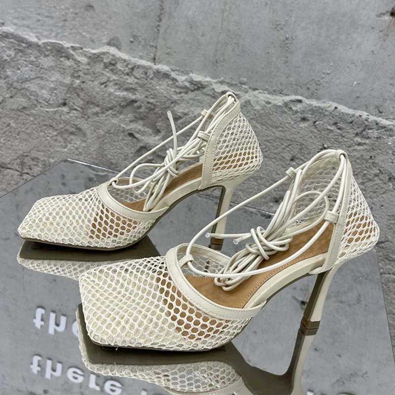 Summer Sexy Yellow Mesh Pumps Sandals Female Square Toe High Heel Lace Up tied Stiletto Hollow Dress Shoes 250915