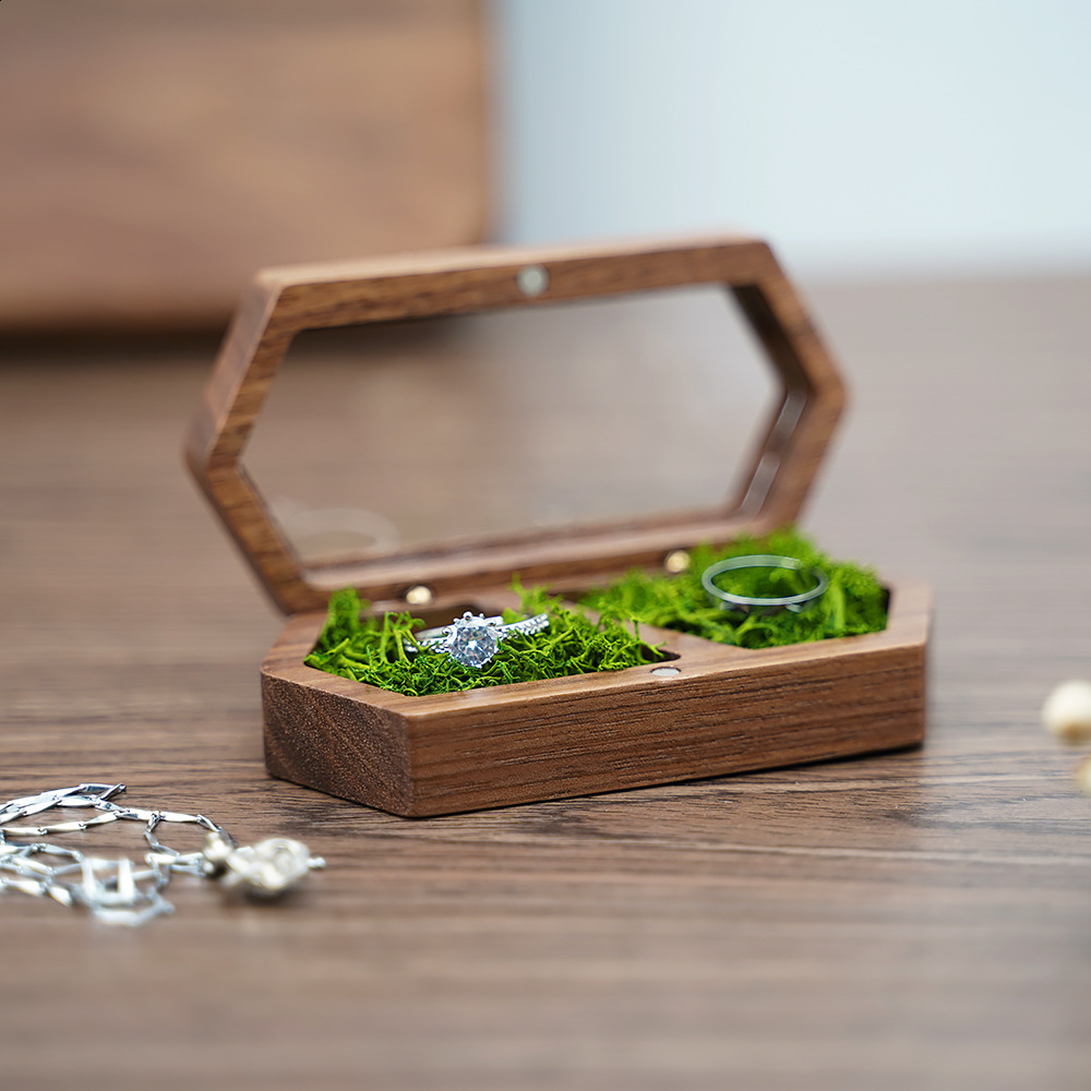 Free Custom Personalized Walnut Wooden Ring Box Engraved Engagement and Wedding Ring Holder Gift for Couples Brides and Grooms 250106
