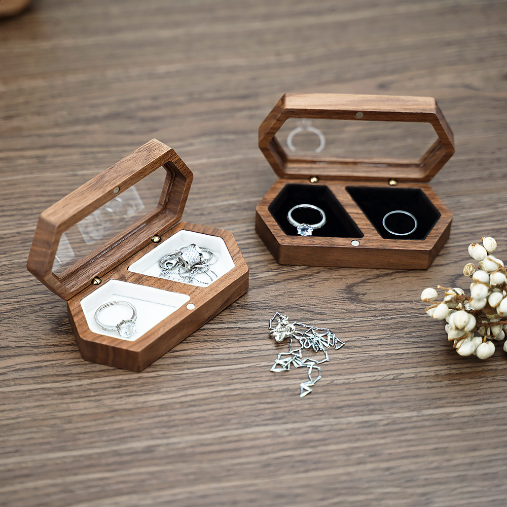 Free Custom Personalized Walnut Wooden Ring Box Engraved Engagement and Wedding Ring Holder Gift for Couples Brides and Grooms 250106