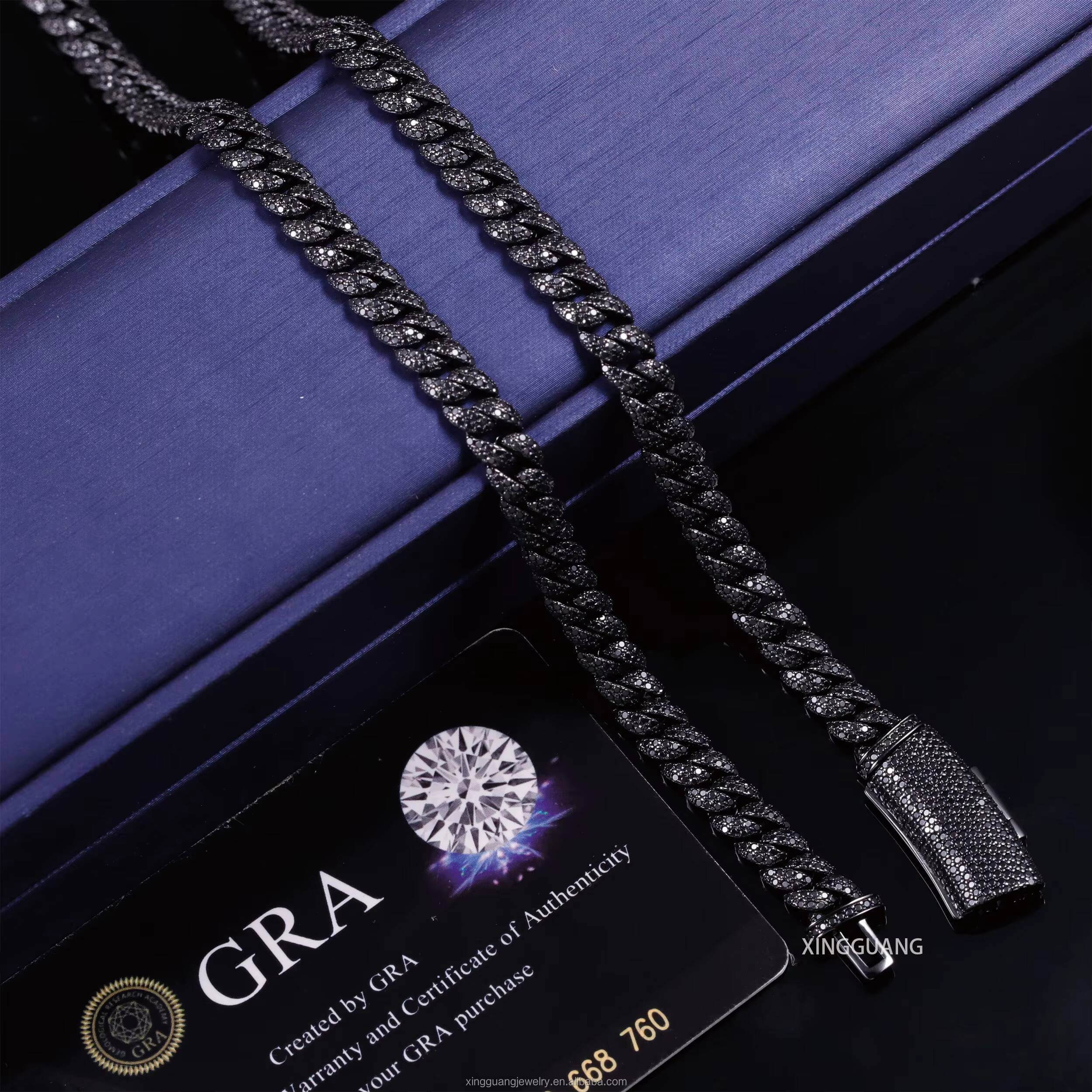 Hot Pass Diamond Tester 6mm Black Diamond Moissanite Black Gold Plated Hip Hop Cuban Link Chain 925 Silver Full Iced Out Chains