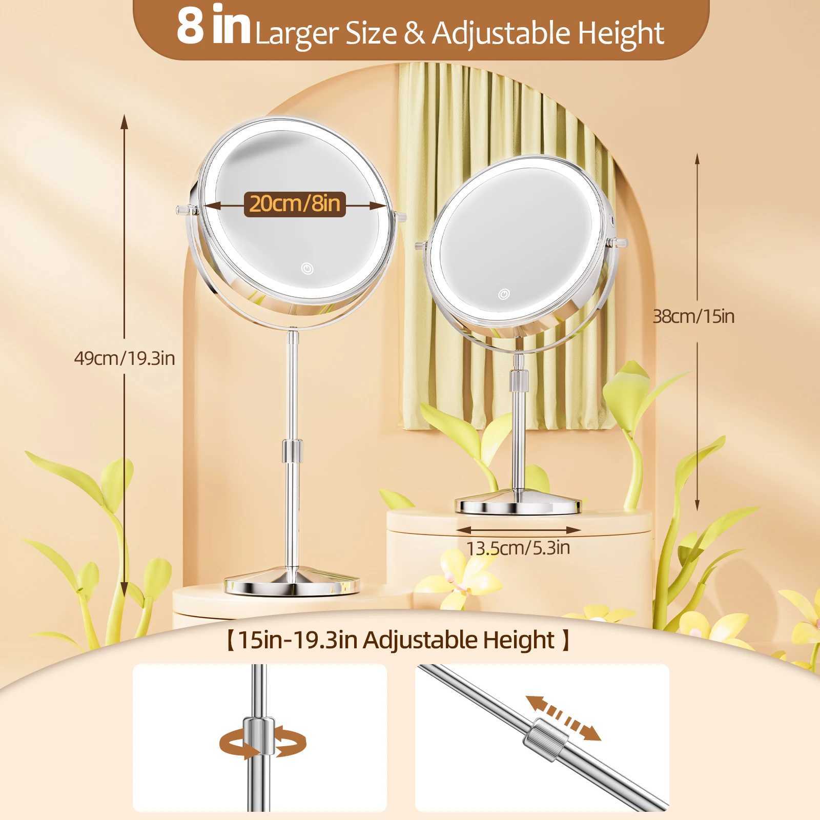 8 Inch Makeup Mirror With Light Lamp 10X Magnification 3 Color LightsAdjustable Brightness Height Standing Cosmetic Mirror C250916