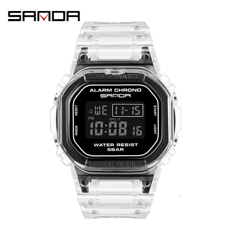 DHgargets Sanda Square Transparent Strap Electronic Watch Multi-Function Luminous Waterproof Outdoor Sports Student Wristwatch