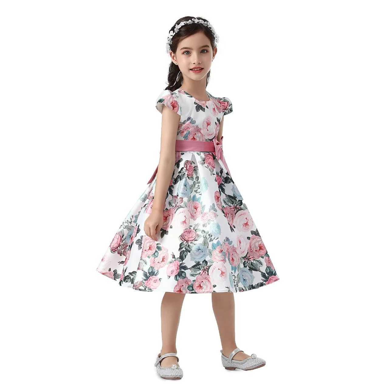 2025 New Rose Print Dress Girls Bow Dress European American Princess Dresses Holiday Party Performance Gowns Party Banque C250916