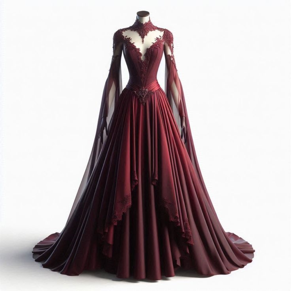 Vintage Burgundy Prom Dresses Long Flare Sleeves Elven Princess Evening Gown Lace Appliques High Collar A-Line Special Occasion Dress