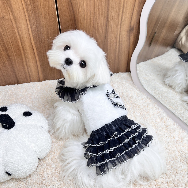Autumn Winter Pet Knitted Puffy Lace Strap Dress for Dogs and Cats Schnauzer Yorkshire Maltese