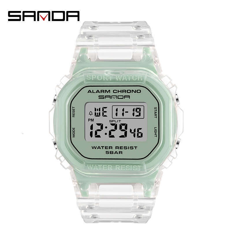 DHgargets Sanda Square Transparent Strap Electronic Watch Multi-Function Luminous Waterproof Outdoor Sports Student Wristwatch