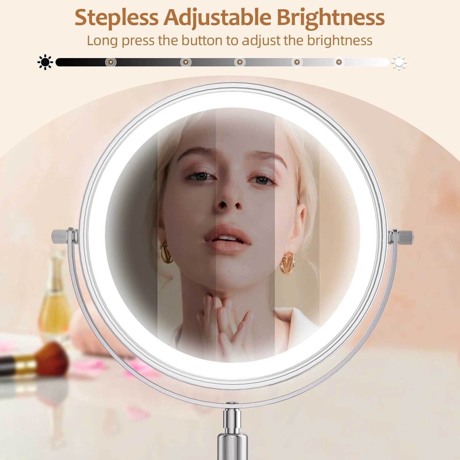 8 Inch Makeup Mirror With Light Lamp 10X Magnification 3 Color LightsAdjustable Brightness Height Standing Cosmetic Mirror C250916